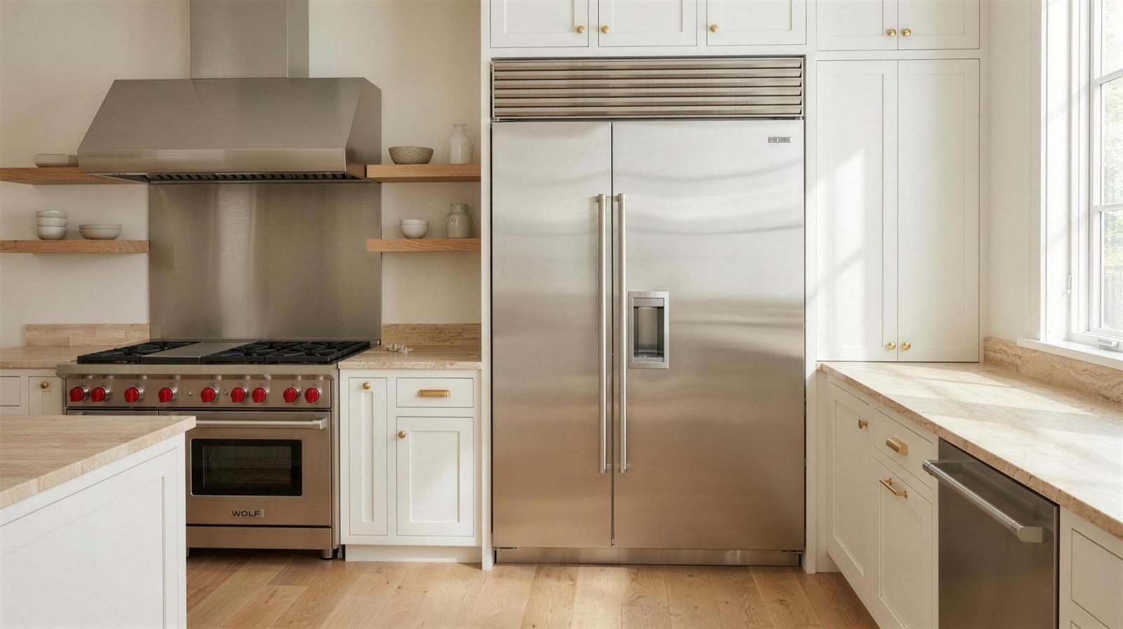 A luxury kitchen with a built-in Viking refrigerator and a Viking range